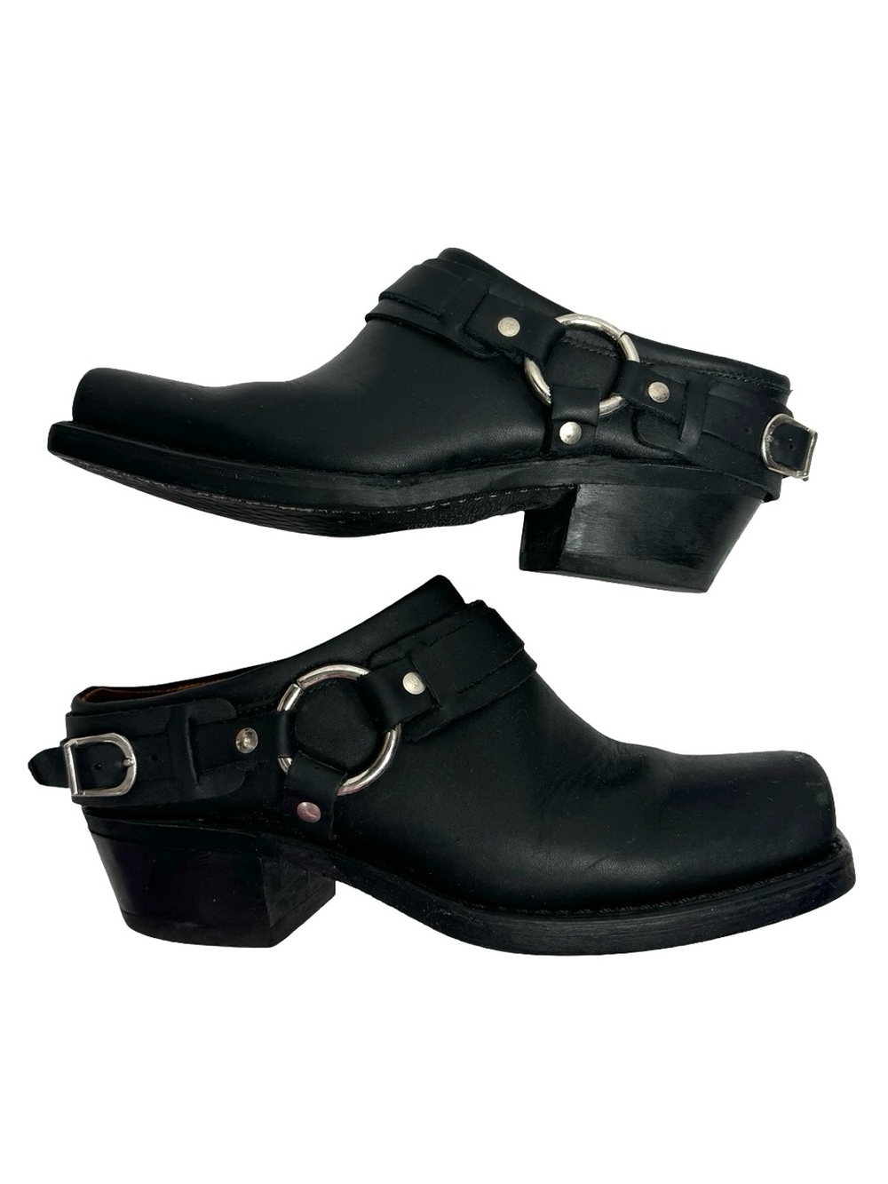 Frye | Vintage Made in USA Belted Harness Mule Black Oiled Leather 8.5